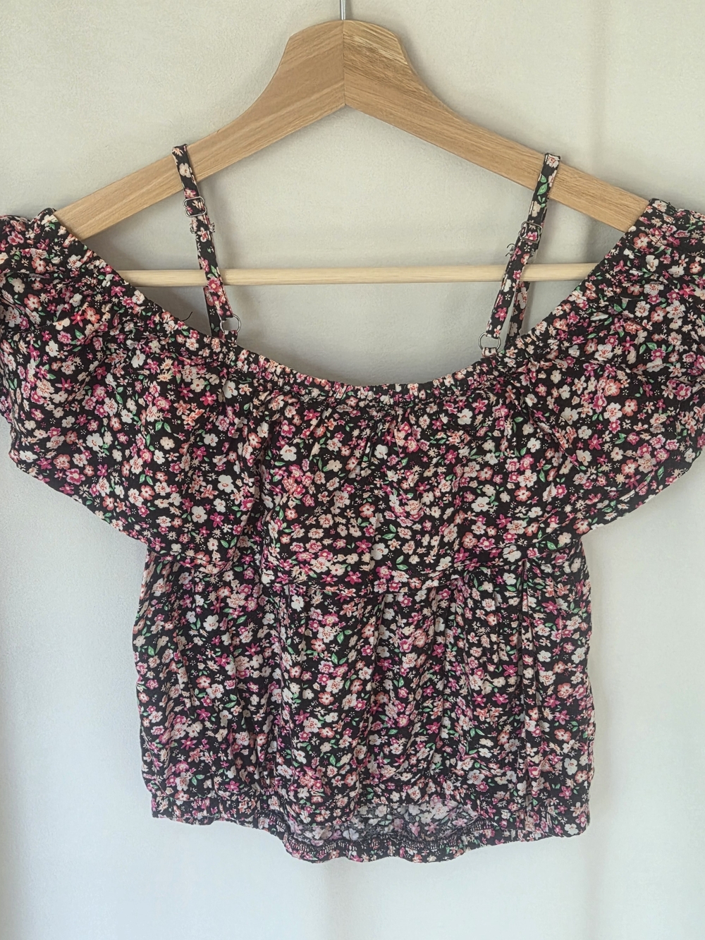 No Boundaries Black Floral Off-Shoulder Camisole with Pink Flowers - Picture 4 of 6